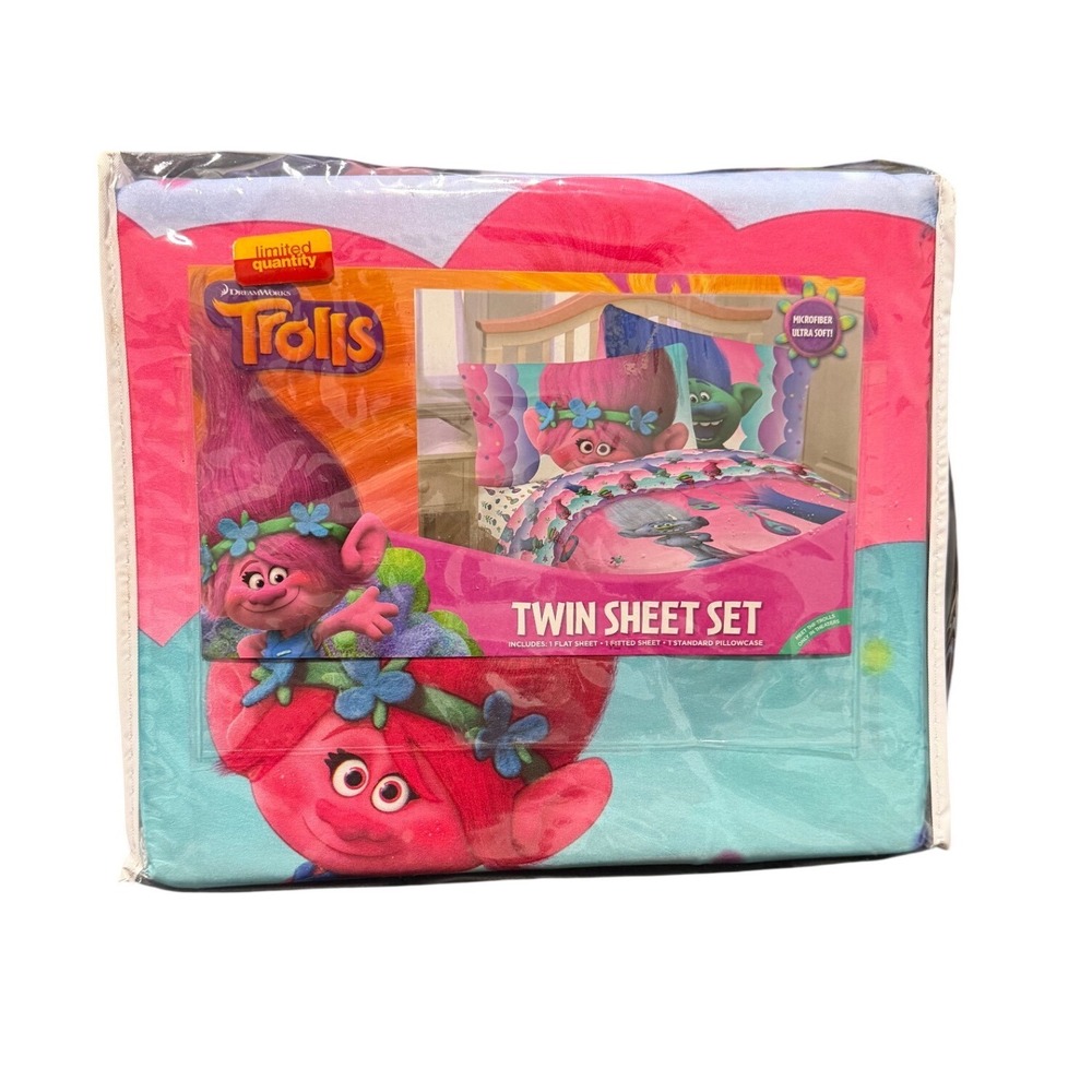 DreamWorks Trolls Twin Sheet Set Poppy Branch Pink Blue Microfiber 3pc Bedding